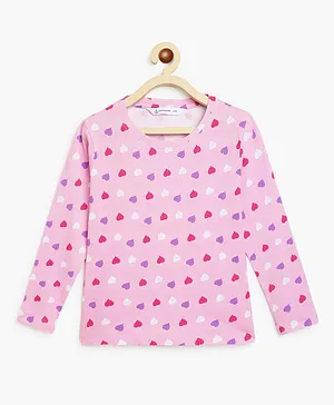 Campana Girls 100% Cotton Full Sleeves All Over Hearts Printed Tee - Pink