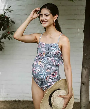 Momsoon Sleeveless Floral Printed Maternity Swimsuit With Ruffles - Grey & Pink