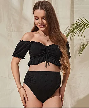 Momsoon Off Shoulder Sleeves Solid Maternity  Swimsuit - Black