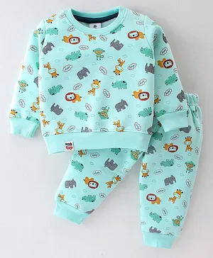 Mini Taurus Cotton Knit Full Sleeves Night Suit with Jungle Animals Printed - Light Green