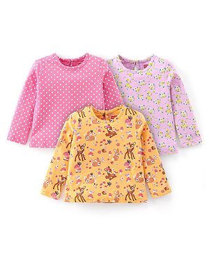 Babyhug Cotton Knit Full Sleeves Fawn & Floral Print T-Shirts Pack of 3 - Pink Purple & Yellow