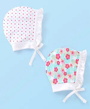 Babyhug 100% Cotton Knit Floral & Polka Dots Printed Cap Pack of 2- Multicolour
