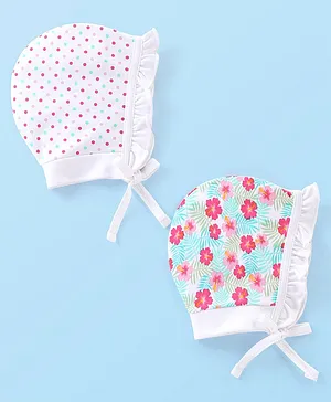 Babyhug 100% Cotton Knit Floral & Polka Dots Printed Cap Pack of 2- Multicolour