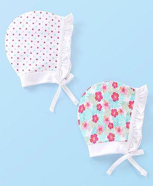 Babyhug 100% Cotton Knit Floral & Polka Dots Printed Cap Pack of 2- Multicolour