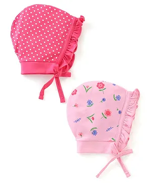 Babyhug 100% Cotton Caps With Foral & Polka Dots Print Pack Of 2 - Pink