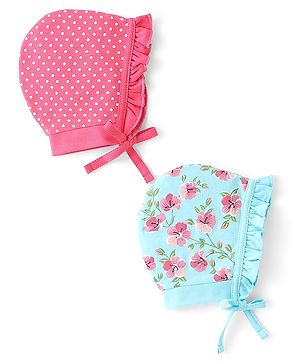Babyhug 100% Cotton Caps With Polka Dots & Floral Print Pack Of 2 - Pink & Blue