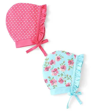 Babyhug 100% Cotton Caps With Polka Dots & Floral Print Pack Of 2 - Pink & Blue
