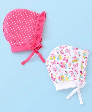 Babyhug 100% Cotton Caps Printed Pack of 2 Pink & White - Diameter 13 cm