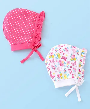 Babyhug 100% Cotton Caps Printed Pack of 2 Pink & White - Diameter 14 cm