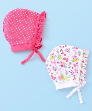 Babyhug 100% Cotton Caps Printed Pack of 2 Pink & White - Diameter 16 cm