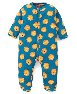 Babyhug Cotton Knit Full Sleeves Footed Sleep Suit Lion Print - Navy Blue