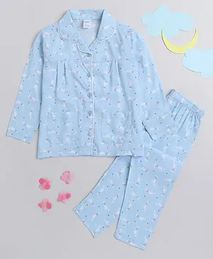 MANET Girls 100% Cotton Full Sleeves Cat Printed Night Suit  - Sky Blue