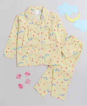 MANET Girls 100% Cotton Full Sleeves Rainbow & Heart Printed Night Suit   - Yellow