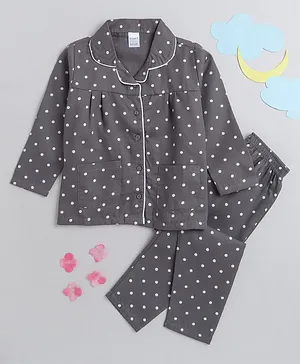 MANET Girls 100% Cotton Full Sleeves Polka Dots Printed Night Suit - Grey