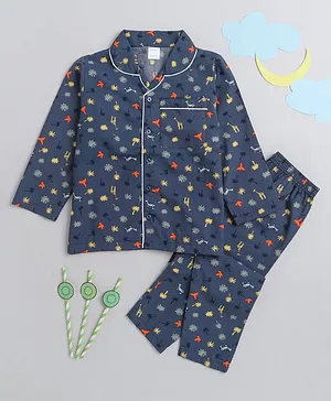 MANET Boys 100% Cotton Full Sleeves Animal Printed Night Suit - Blue