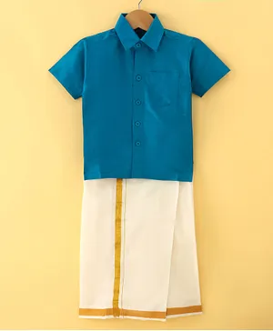 Ridokidz Half Sleeves Solid Shirt With Coordinating Mundu & Angavastram - Firozi Blue