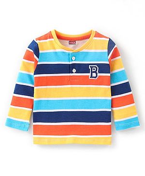 Babyhug 100% Cotton Knit Full Sleeves T-Shirt Striped - Blue Yellow & Red