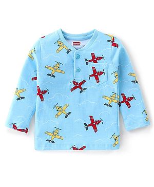 Babyhug Cotton Knit Full Sleeves T-Shirt with Airplane Print - Blue