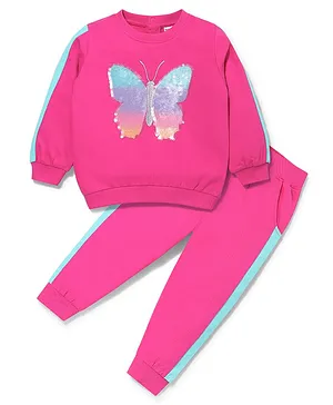 Babyhug 100% Cotton Knit Full Sleeves Sequins Butterfly Detailing Sweatshirt & Lounge Pant Set - Pink