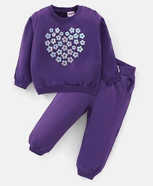 Babyhug Terry Cotton Knit Full Sleeves Foil Printed T-Shirt & Lounge Pant Set - Purple