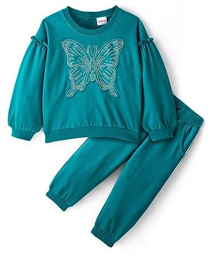 Babyhug Full Sleeves Top with Butterfly Applique with Studs & Lounge Pant - Ocean Green