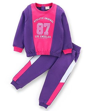Babyhug 100% Cotton Knit Full Sleeves T-Shirt & Lounge Pant Set With Text Print - Pink & Purple