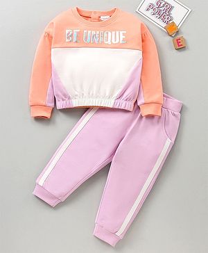 Babyhug 100% Cotton Terry Knit Full Sleeves Top and Lounge Pant Set Be Unique Print - Orange & Lilac