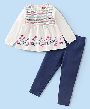 Babyhug 100% Cotton Knit Full Sleeves Floral Embroidered Top with Leggings Set - White & Blue