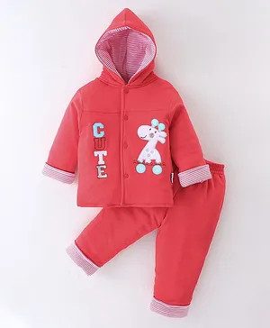 Child World Knitted Full Sleeves Winter Wear Hoodie & Lounge Pant Set with Giraffe Applique - Red