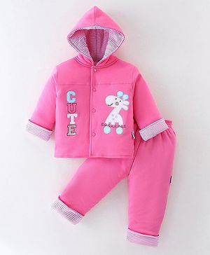 Child World Knitted Full Sleeves Winter Wear Hoodie & Lounge Pant Set with Giraffe Applique - Pink