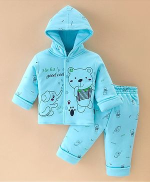 Child World Cotton Foam Knit Full Sleeves Hooded Winter Wear Suit Animal Print - Blue