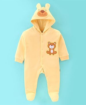 Child World Fleece Full Sleeves Bear Patch Hooded Footed Sleep Suit - Yellow