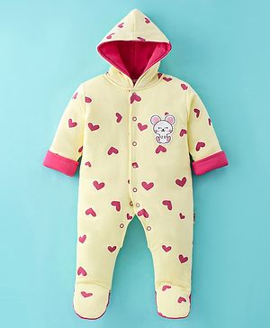 Child World Foam Full Sleeves Heart Printed & Mice Patched Hooded Winter Sleep Suit - Lemon Yellow