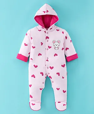 Child World Foam Full Sleeves Heart Printed & Mice Patched Hooded Winter Sleep Suit - Pink