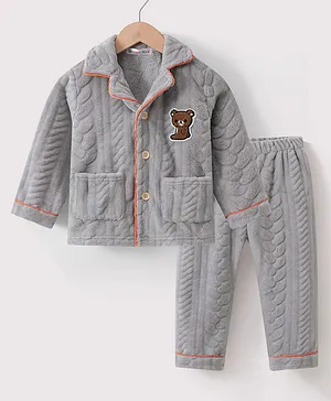 Kookie Kids Full Sleeves Winter Wear Night Suit Bear Applique - Grey