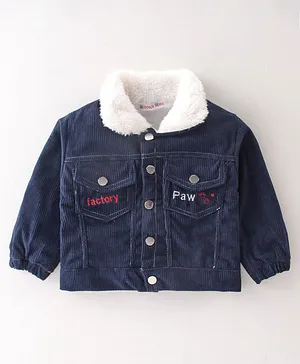 Kookie Kids Full Sleeves Jacket With Fur Detailing & Text Embroidery - Blue