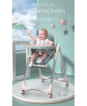 Babyhug Multifunctional Portable High Chair with 5 Level Height Adjustment - Green| Compact Fold| Removable Wheels with Lock| Removable Double Food Tray| Cushion Seat