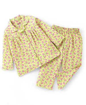 Babyhug Cotton Knit Full Sleeves Front Open Strawberry Print Pyjama Set - Green