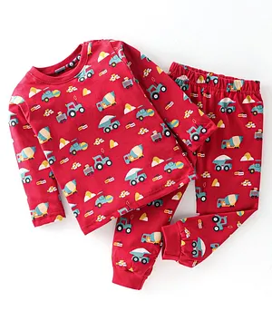 Babyhug Cotton Knit Full Sleeves Night Suit Car Print - Red