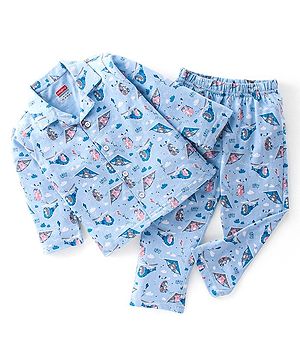 Babyhug Cotton Knit Full Sleeves Night Suit With Teddy Print - Blue