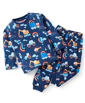 Babyhug Cotton Knit Full Sleeves Night Suit With Construction Vehicles Print - Navy Blue