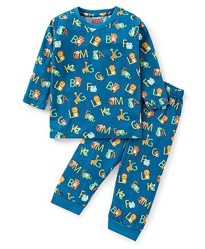 Babyhug Cotton Knit Full Sleeves Night Suit With Text Print - Blue