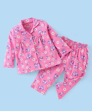 Babyhug Cotton Knit Full Sleeves Floral Printed Night Suit - Pink