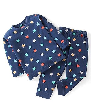 Babyhug Cotton Knit Full Sleeves Night Suit With Star Print - Navy Blue