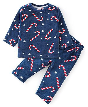 Babyhug Full Sleeves Winter Wear Suits With Candy Print - Navy Blue