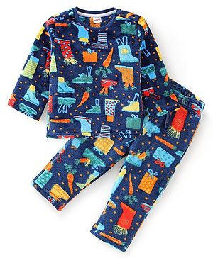 Babyhug Cotton Full Sleeves Winter Wear Suits With Shoes Print - Navy Blue