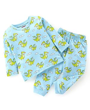Babyhug Cotton Knit Full Sleeves Dragon Printed Night Suit - Blue