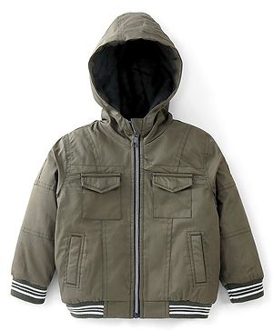 Babyhug Full Sleeves Solid Colored Hooded Bomber Jacket with Pockets - Olive