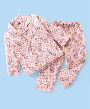 Babyhug Cotton Knit Full Sleeves Night Suit With Elephant Print - Pink