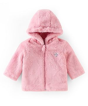 Babyhug Cotton Knit Full Sleeves Hooded Jacket With Sequine Detailing - Pink